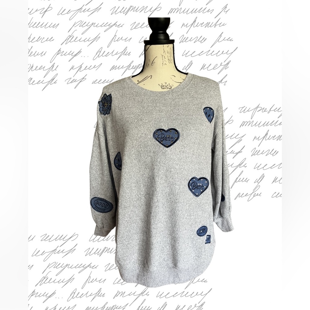 Light Grey Crewneck Sweater with Blue Heart Patches